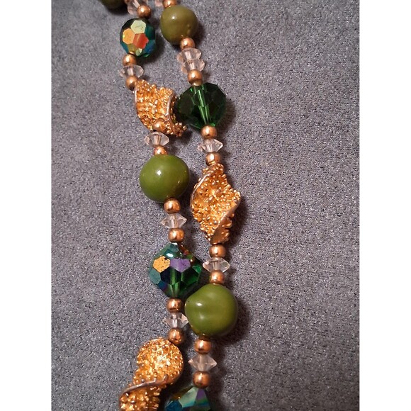 Vintage Green Blue Glass Beaded Two Strand Necklace AB Crystals - Picture 3 of 5